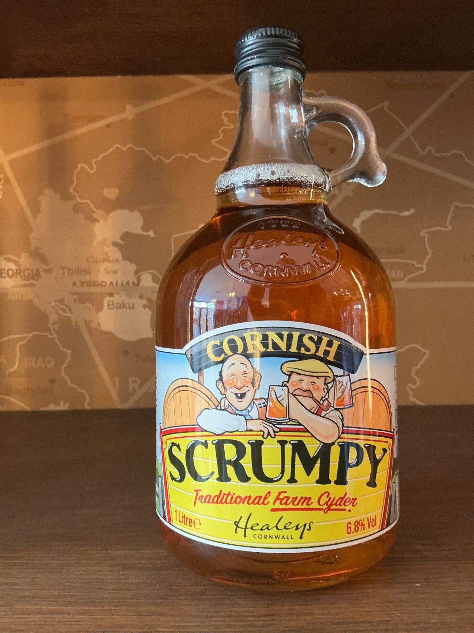 Healey’s Cornish Scrumpy cider jug with handle, artisanal Dutch craft cider in amber bottle, premium limited edition gift.