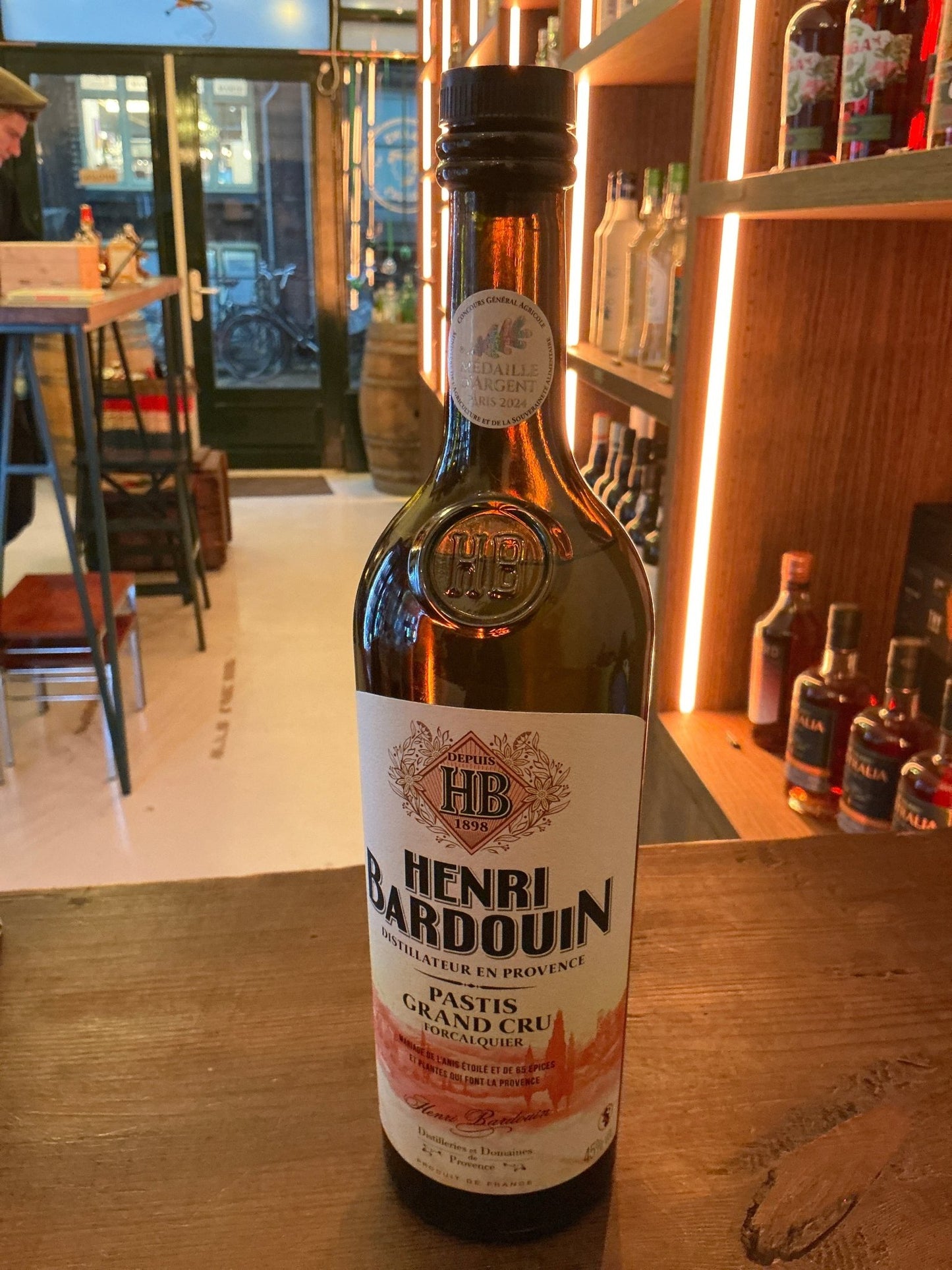 Henri Bardouin Pastis bottle with botanical, spiced aniseed label, premium artisanal French liqueur.