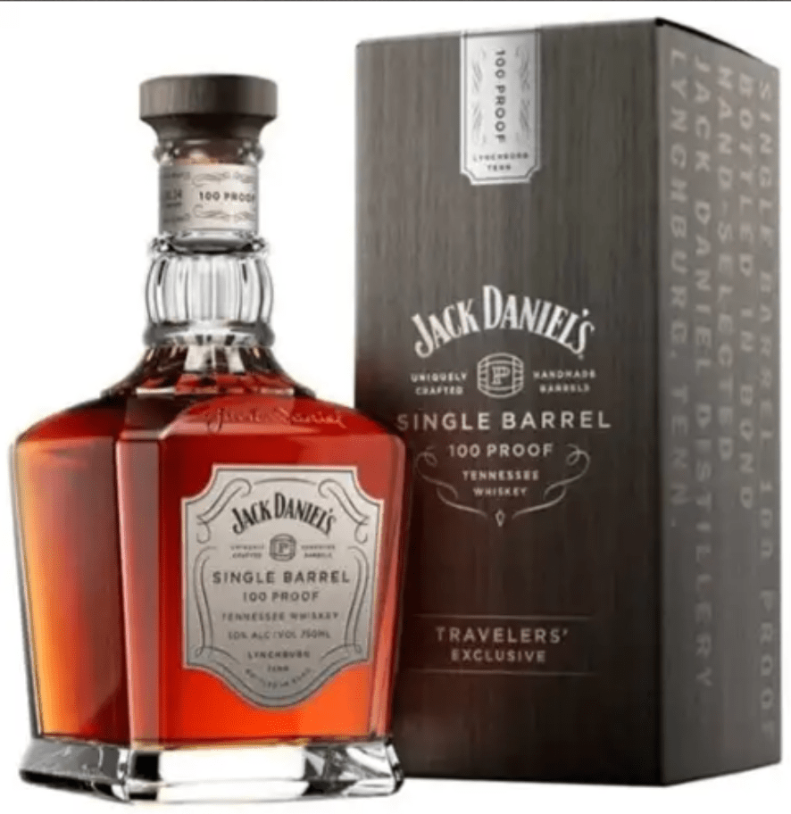 Jack Daniel's Single Barrel 100 Proof Tennessee Whiskey 700ml square bottle with grey gift box — Travelers' Exclusive, uniquely crafted, handmade barrels, Lynchburg, Tennessee, 50% ABV