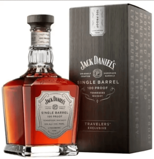 Jack Daniel's Single Barrel 100 Proof Tennessee Whiskey 700ml square bottle with grey gift box — Travelers' Exclusive, uniquely crafted, handmade barrels, Lynchburg, Tennessee, 50% ABV