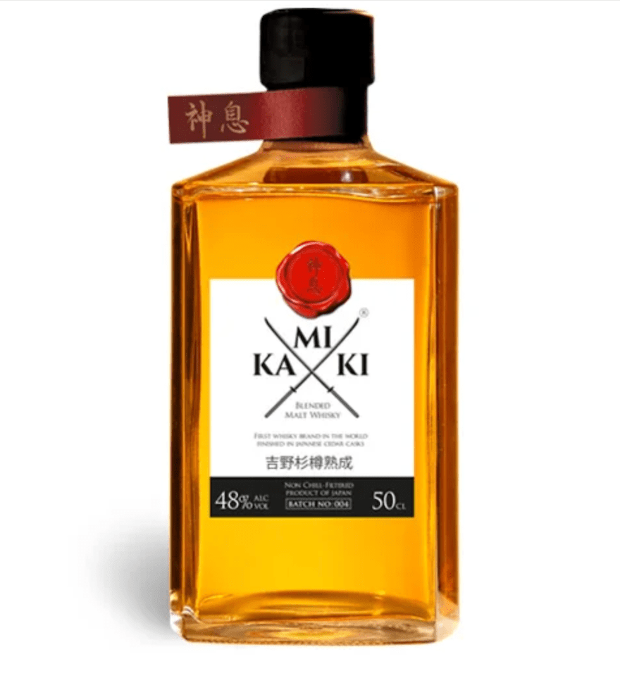 Kamiki Blended Malt Whisky in square glass bottle with red wax seal, 48% ABV, premium aged Japanese whisky with botanical.