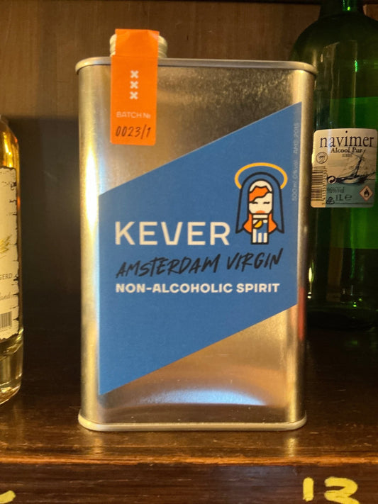 Kever Amsterdam Virgin non-alcoholic gin in a premium silver metal bottle with blue and orange label, small batch Dutch.