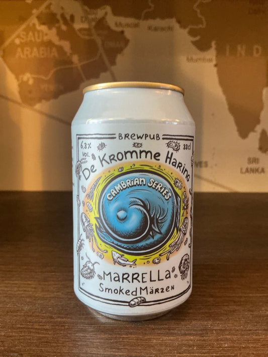 White aluminum can with intricate black and blue line art; central blue circular label with the words Cambrian Series.
