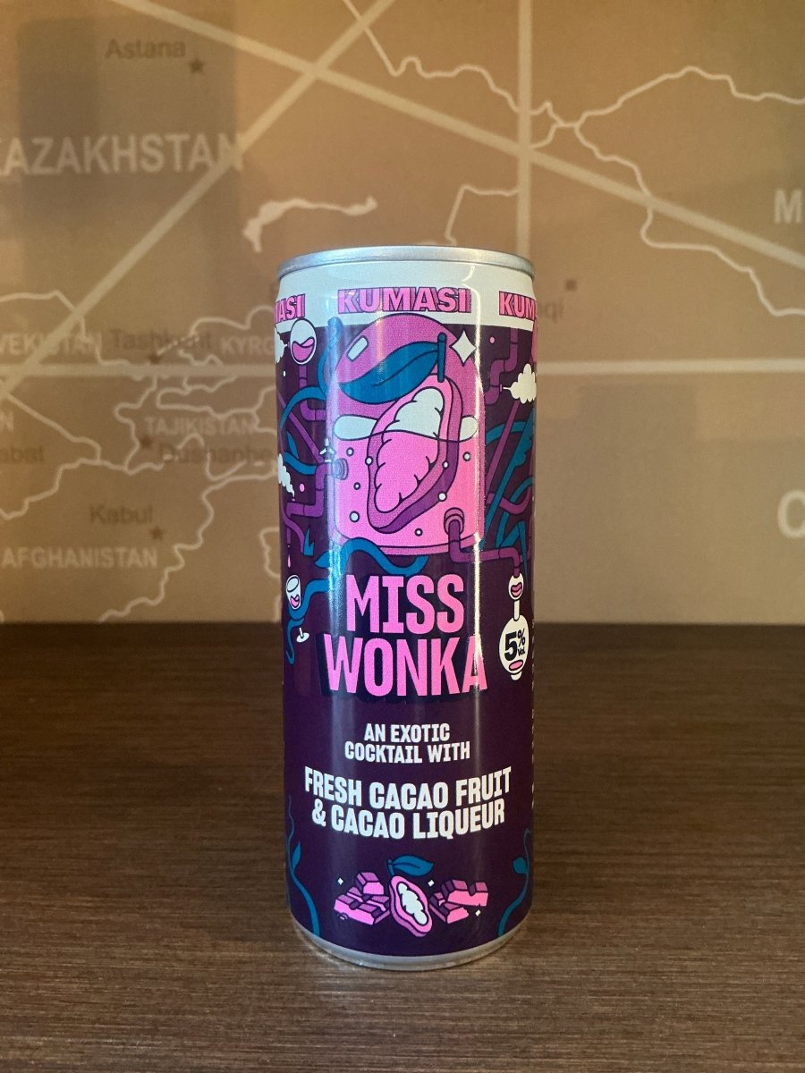 Kumasi Miss Wonka RTD cocktail can — exotic cacao fruit and cacao liqueur cocktail by Kumasi Utrecht, purple illustrated can, 5% ABV