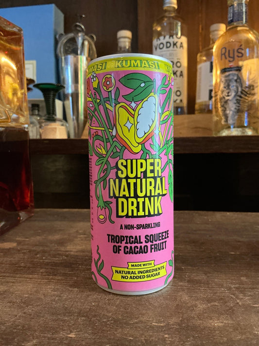 Kumasi Sappi tropical spiced fruit juice can with vibrant pink and green botanical design, artisan specialty drink label,.