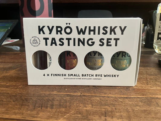 Kyro Whisky Tasting Set with four small batch Finnish rye whisky bottles, premium aged distilled spirit, spiced and.