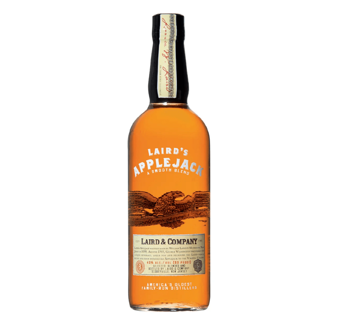 Laird's Applejack Brandy bottle with amber liquid, premium aged small batch artisan fruit brandy, distilled specialty.