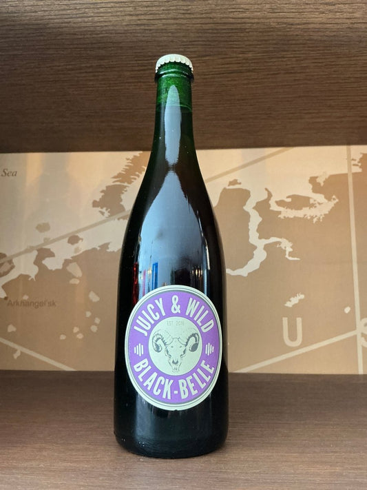Lambiek Fabriek Black Belle 750ml green bottle — Belgian blackcurrant fruit lambic, purple Juicy & Wild label with ram skull, 7% ABV