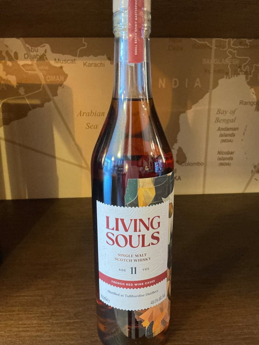 Living Souls Tullibardine 11 Year Old French Red Wine Cask single malt Scotch whisky bottle, 70 cl, 48% ABV.