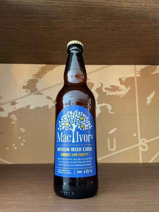 Mac Ivors Medium Irish Cider 500ml bottle — bright and fruity Armagh apple cider by Mac Ivors Cider Co., blue label, 4.5% ABV