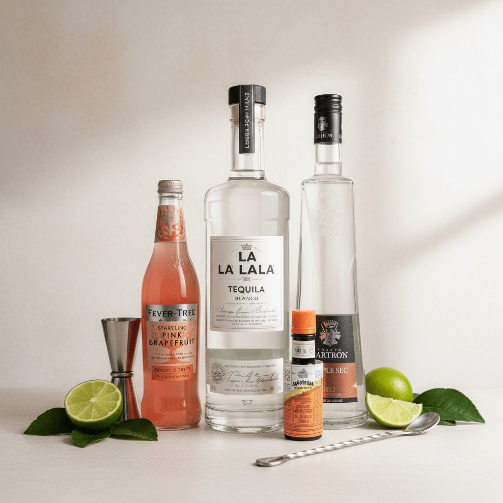 Margarita cocktail kit with La La Tequila, Cartron Triple Sec orange liqueur, Fever-Tree Grapefruit Soda and Angostura Orange Bitters – perfect homemade Margarita gift set