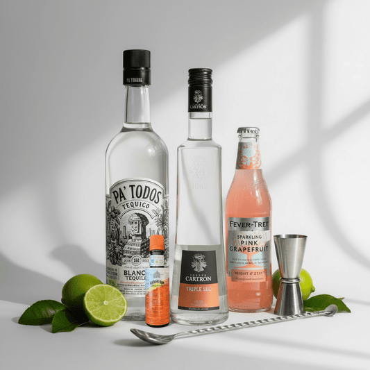 Margarita cocktail kit with Pa' Todos Blanco Tequila, Cartron Triple Sec orange liqueur, Fever-Tree Sparkling Pink Grapefruit Soda and Angostura Orange Bitters – premium homemade Margarita gift set