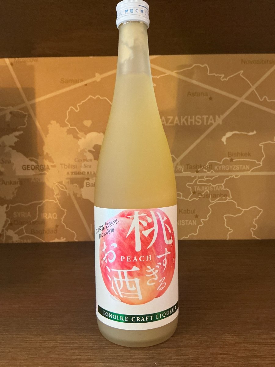 Momo Sugiru Osake 720ml bottle — Japanese peach sake liqueur by Tonoike Craft Liqueur, with peach illustration label