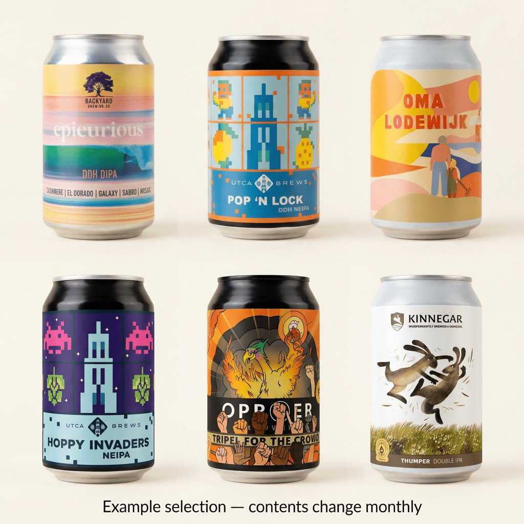Example Mystery Beer Box selection: Epicurious, Pop ’N Lock, Oma Lodewijk, Hoppy Invaders, Tripel For The Crowd and Thumper cans
