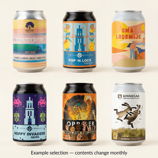 Example Mystery Beer Box selection: Epicurious, Pop ’N Lock, Oma Lodewijk, Hoppy Invaders, Tripel For The Crowd and Thumper cans