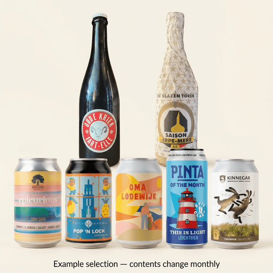 Example €50 Mystery Beer Box selection: Jart-Elle and Saison d’Erpe-Mere bottles with Epicurious, Pop ’N Lock, Oma Lodewijk, PINTA This Is Light and Thumper cans. Contents change monthly