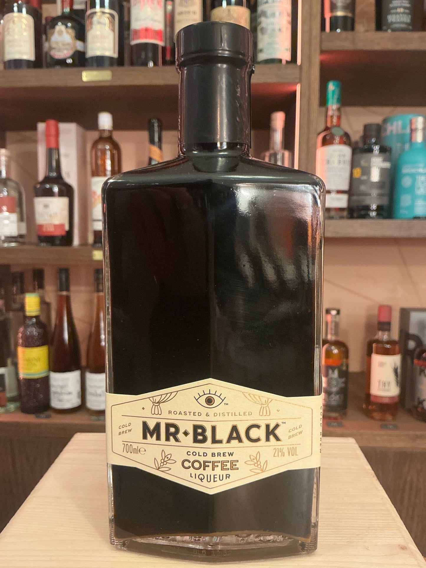 Mr Black Cold Brew Coffee Liqueur black bottle with cream label, artisan small batch, premium coffee liqueur, specialty.