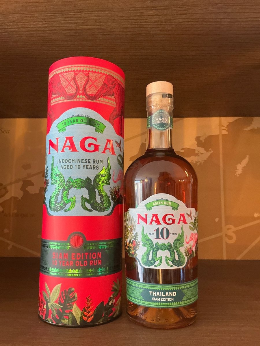 Naga Asian Rum Aged 10 Years Thailand Siam Edition bottle and gift tube with dragon artwork