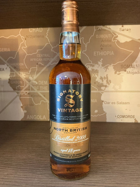 North British 2008 Signatory Un-Chillfiltered Collection 18 Year Old single grain Scotch whisky bottle, 46% ABV
