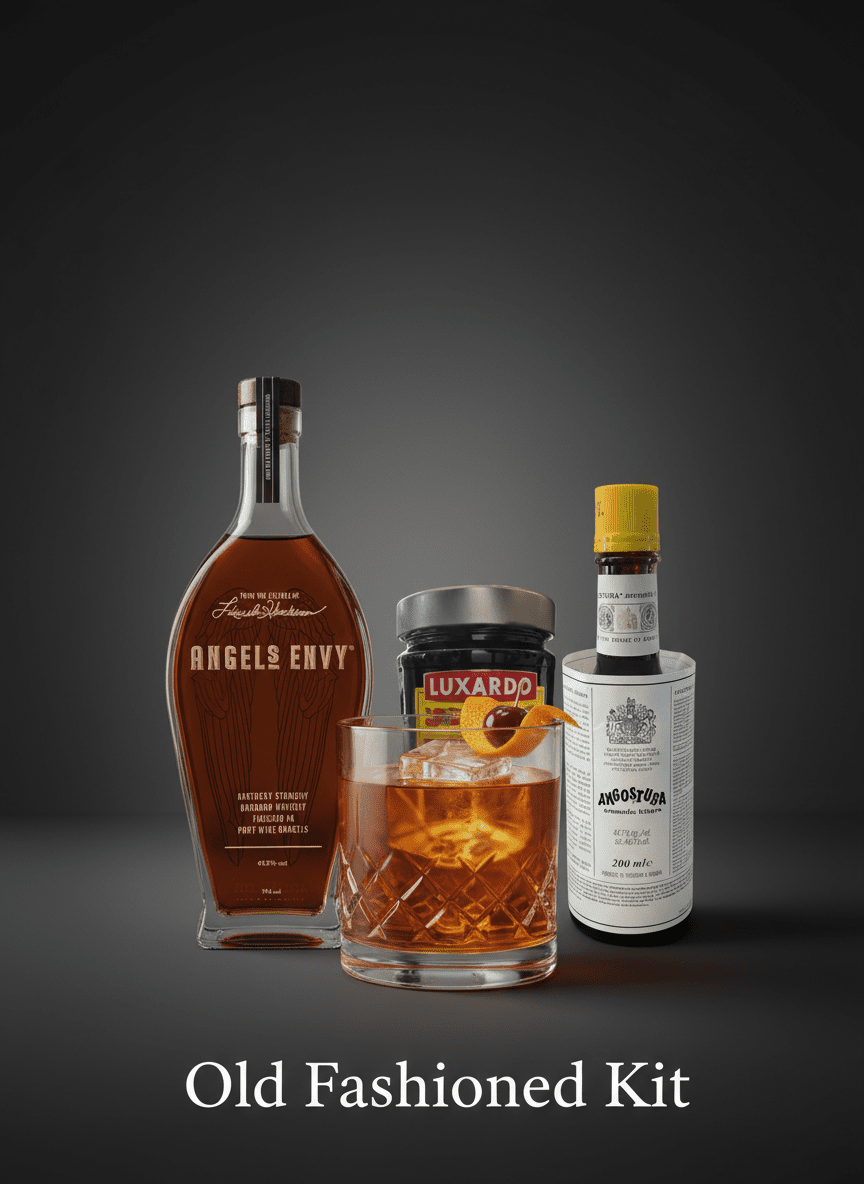 Angel Envy 6-year-old small batch bourbon in glass decanter, Luxardo maraschino cherries jar, and Fee Brothers aromatic.