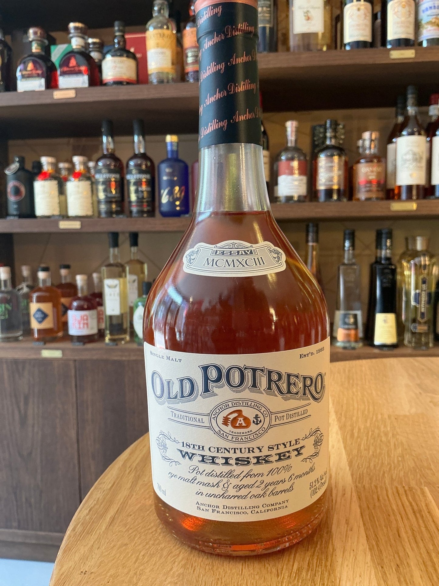 Old Potrero 18th Century Style Rye Whiskey bottle with amber liquid, artisanal craft design, premium Dutch limited edition.