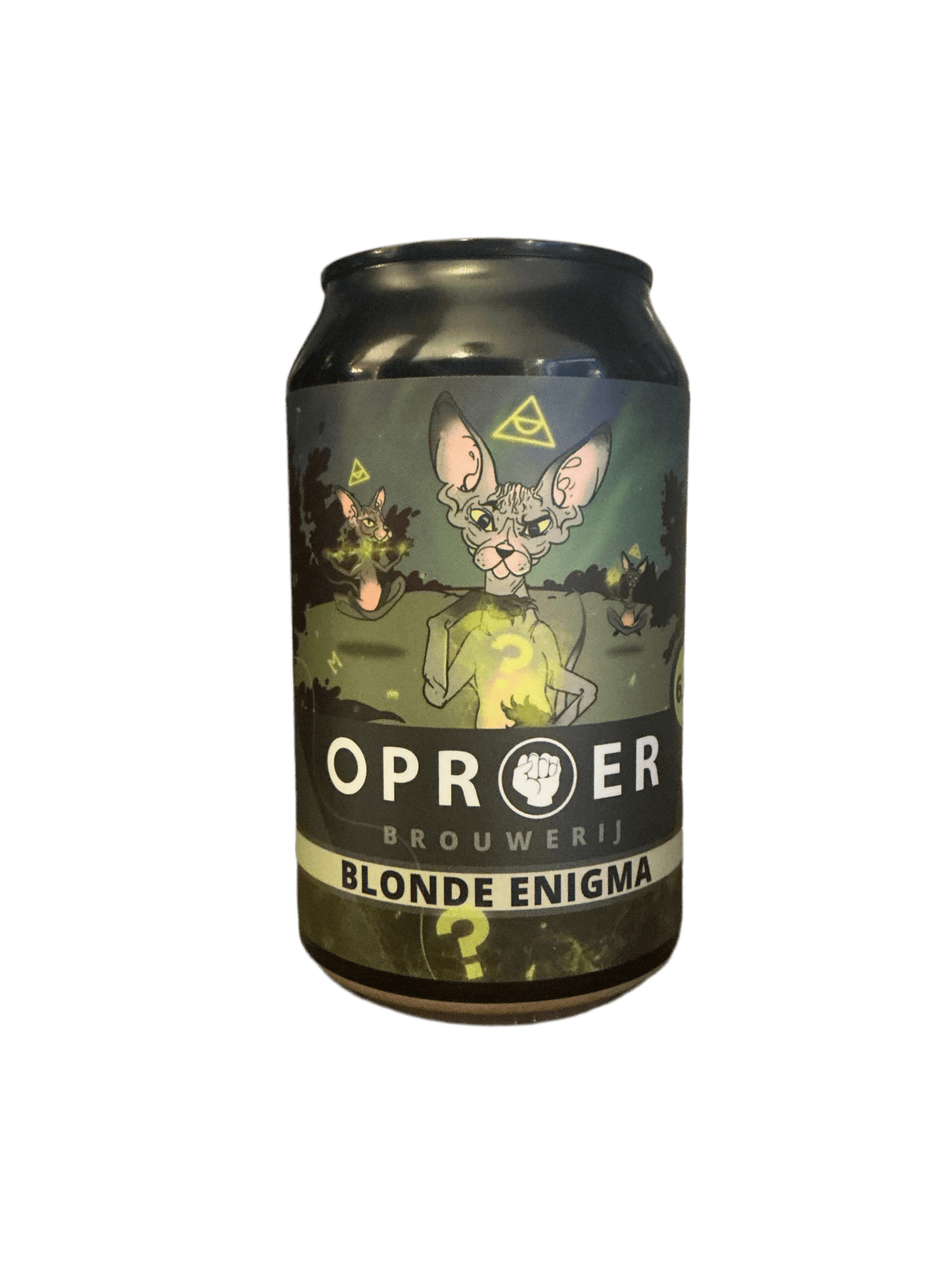 Oproer Blonde Enigma craft Dutch golden ale can with artisanal label featuring whimsical animal art, limited edition gift.