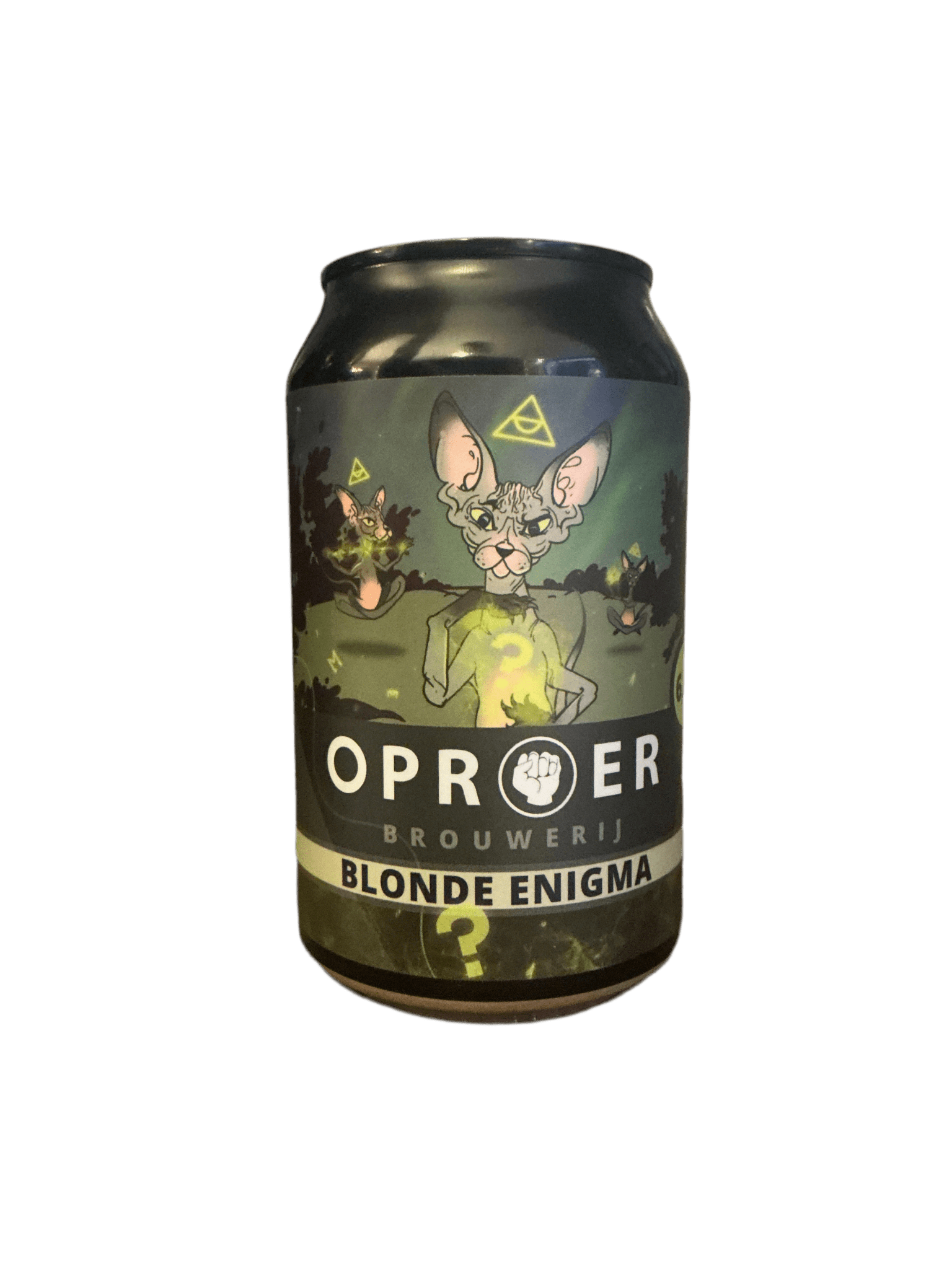 Oproer Blonde Enigma craft Dutch golden ale can with artisanal label featuring whimsical animal art, limited edition gift.