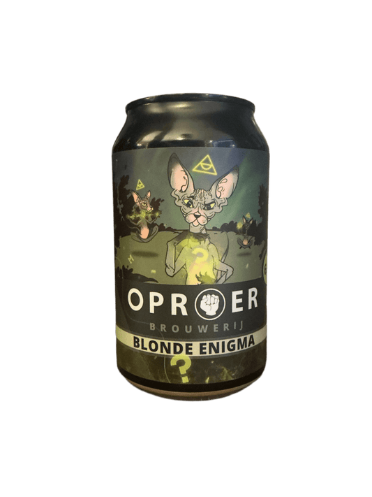 Oproer Blonde Enigma craft Dutch golden ale can with artisanal label featuring whimsical animal art, limited edition gift.