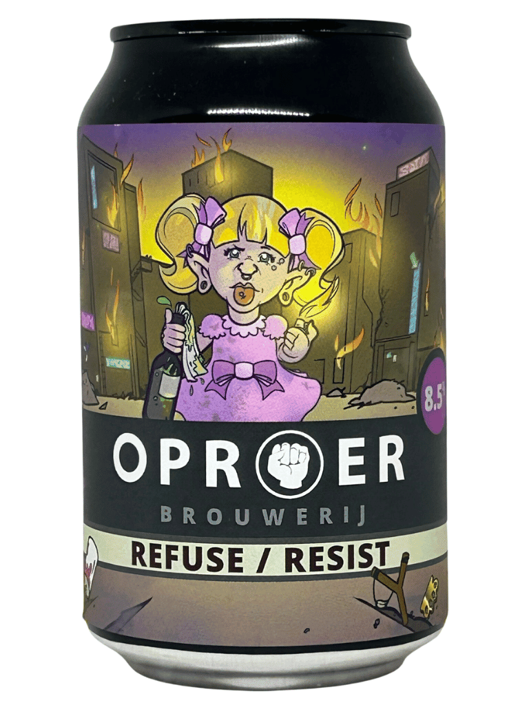 Oproer Refuse/Resist craft beer can with bold, colorful cartoon art, purple and yellow tones, 8.