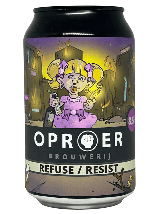 Oproer Refuse/Resist craft beer can with bold, colorful cartoon art, purple and yellow tones, 8.