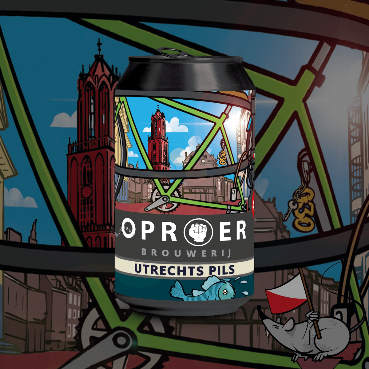 Black and white can of Oproer Brouwerij Utrechts Pils craft beer with colorful Dutch cityscape and bicycle on label.
