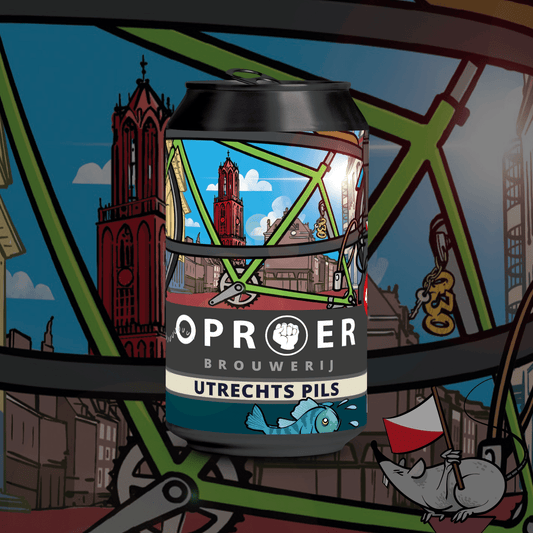 Black and white can of Oproer Brouwerij Utrechts Pils craft beer with colorful Dutch cityscape and bicycle on label.