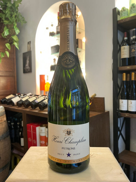Henri Champliau Petrone 68 premium bottle of Cremant de Bourgogne sparkling wine with artisan small batch label.