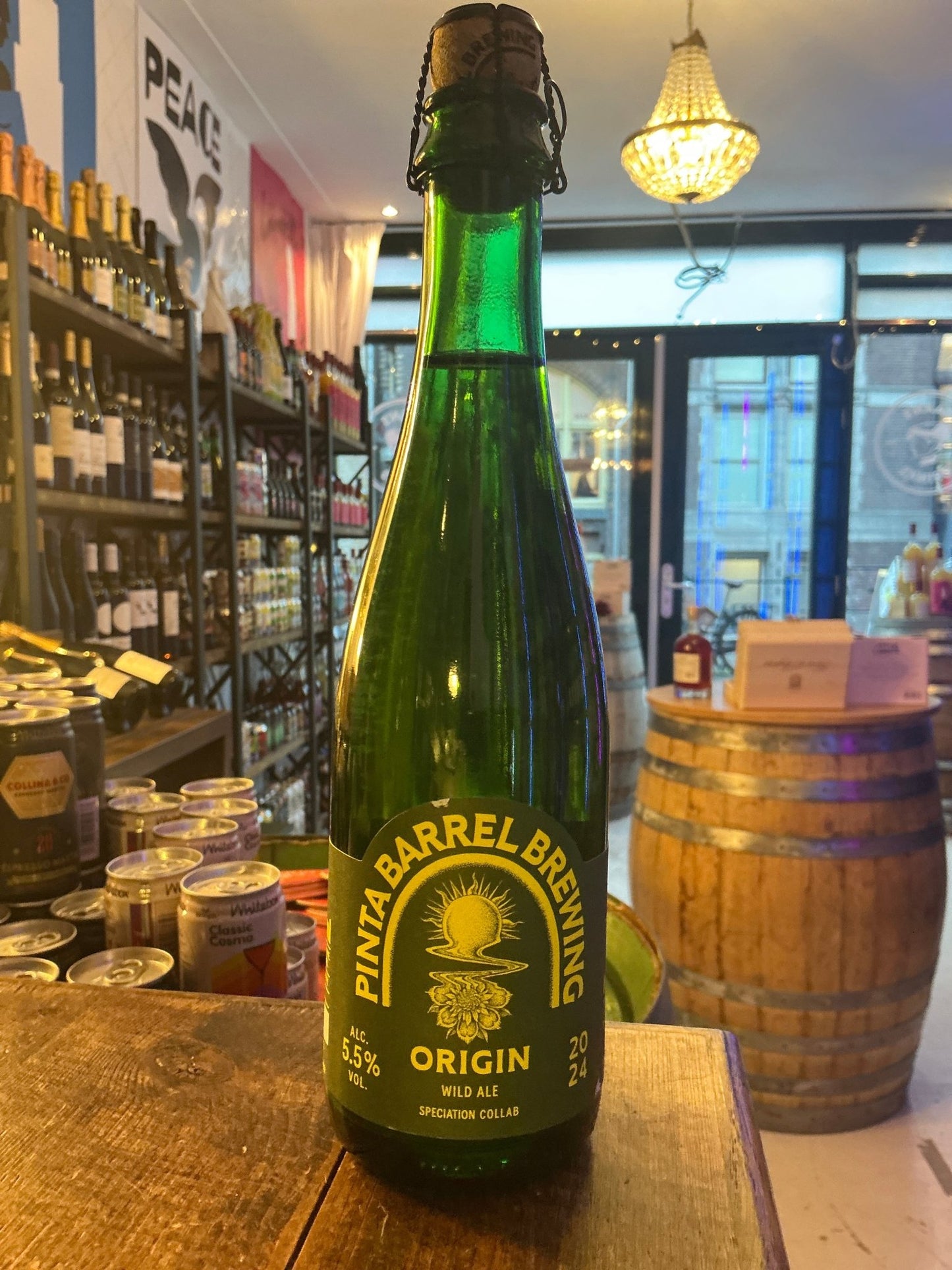 Green glass bottle of Pinta Barrel Brewing Origin 2024 limited edition Dutch wild ale with artisanal gold and black label on .