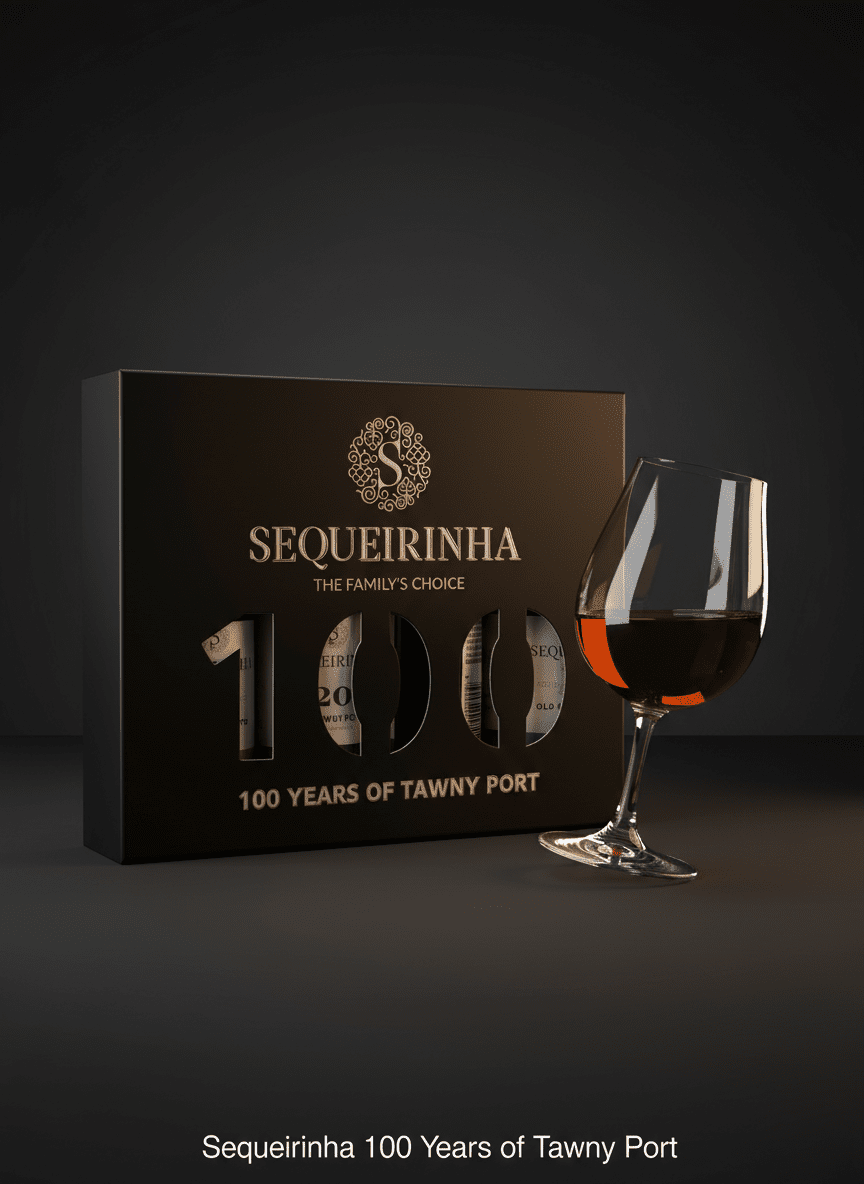 Sequeirinha 100 Years of Tawny Port gift box with dark brown packaging and poured glass of amber aged port, premium.