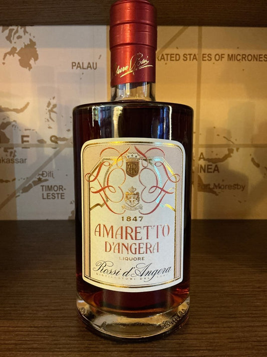 Rossi D'Angera Amaretto D'Angera 700ml bottle with deep amber liqueur, ornate cream label with gold crest, burgundy wax cap, Italian amaretto liqueur since 1847, 28% vol