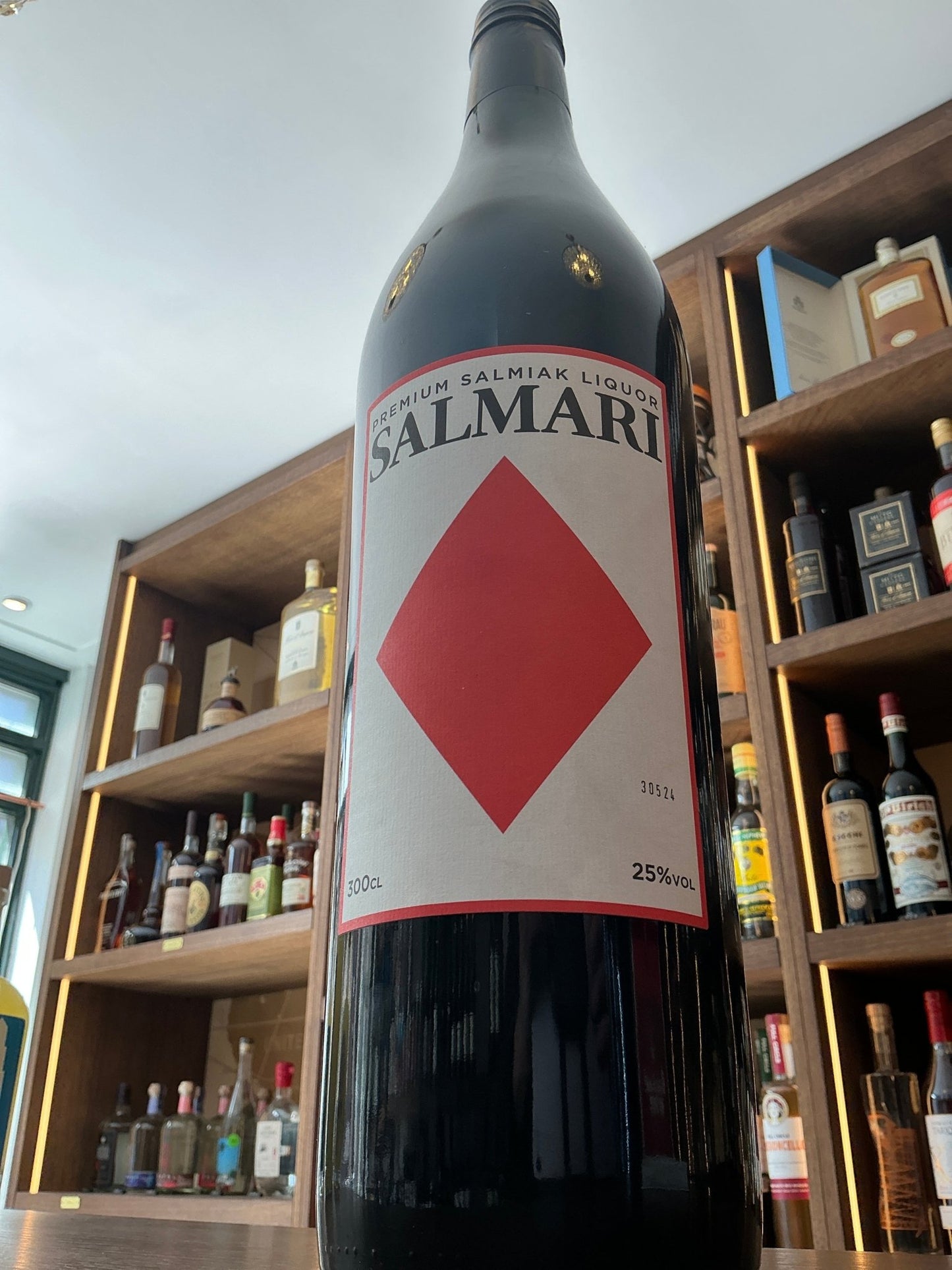 Salmari 3-litre premium vodka bottle with red diamond label, artisan small-batch Dutch distilled liqueur.