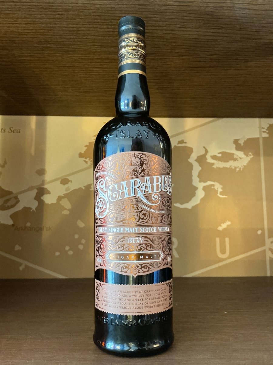 Scarabus Cigar Malt 700ml bottle — Islay single malt Scotch whisky by Hunter Laing, dark bottle with ornate rose gold label, 46% ABV