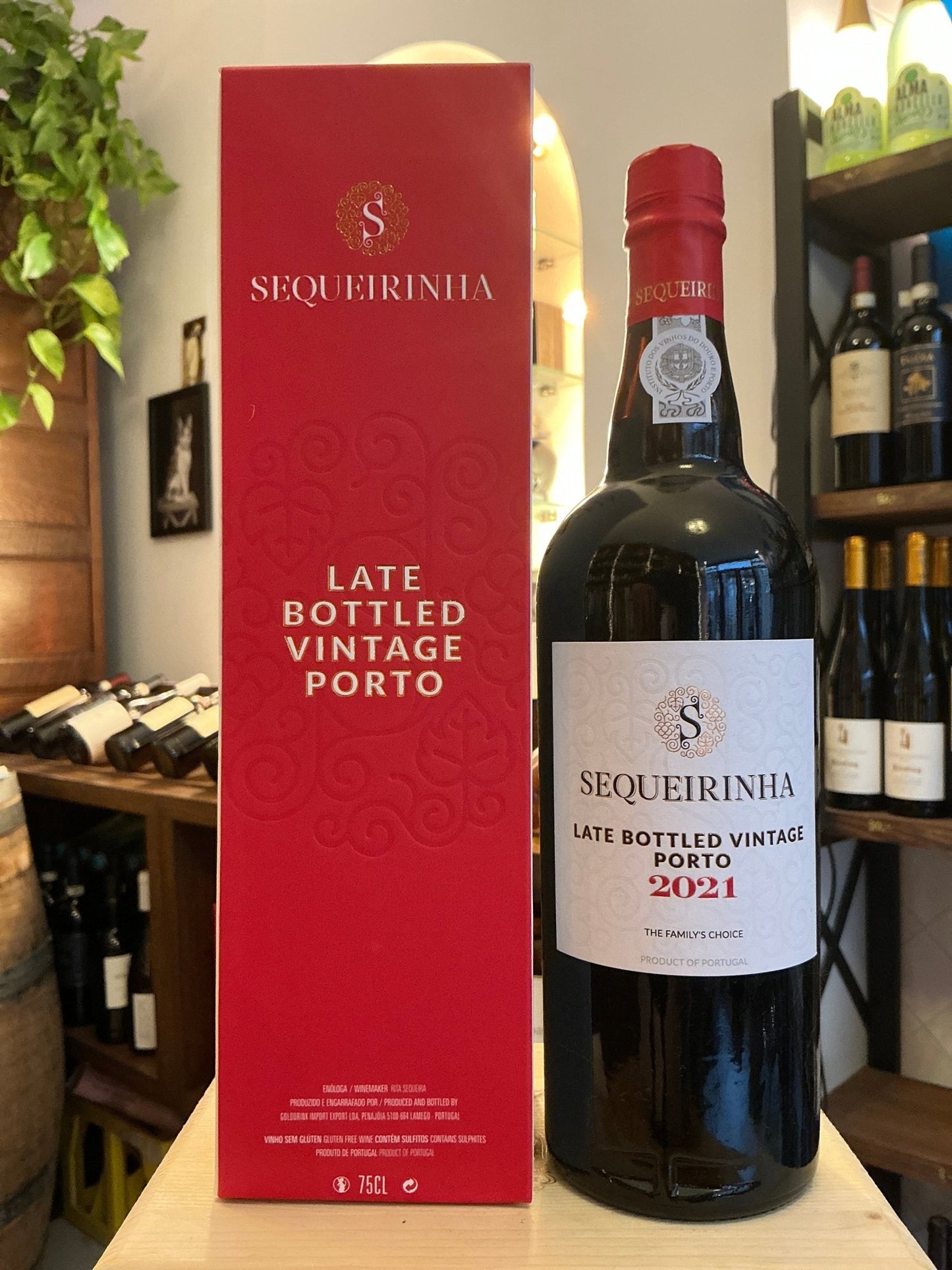 Sequeirinha LBV 2019 Port bottle with red sealing and elegant label beside matching red box, showcasing premium artisan.