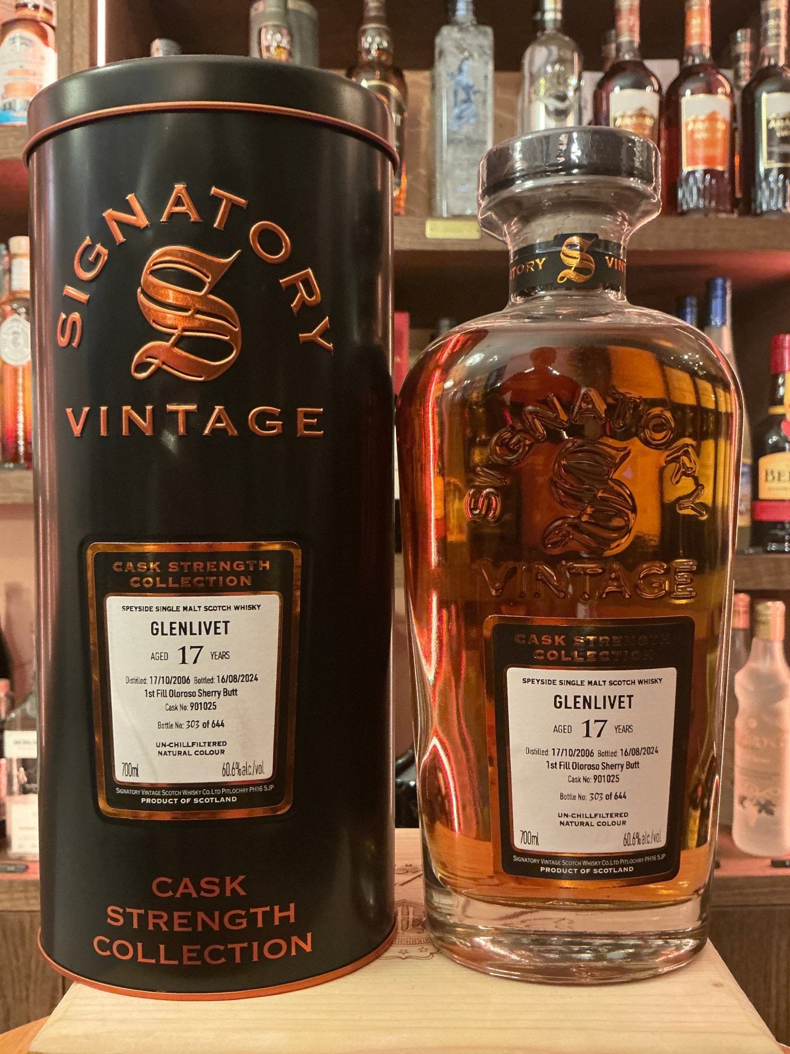 Signatory Glenlivet 2006/2024 aged 17 years premium single malt whisky bottle with black and copper cylindrical box, cask.