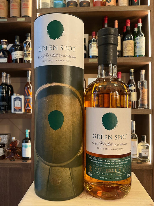 Green Spot Irish single malt whisky bottle with green and white label, artisan small batch, premium aged spirit.