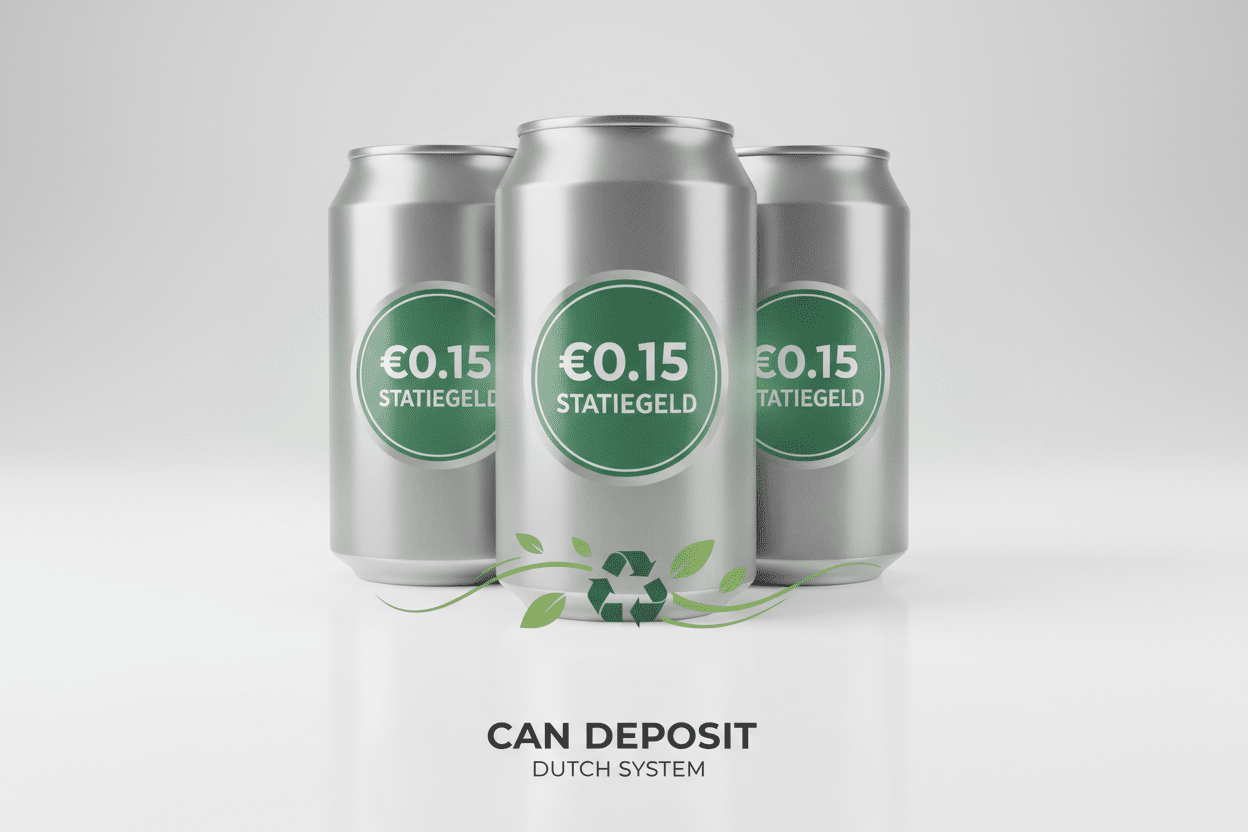 Three silver cans with green labels reading "€0.15 Statiegeld," signifying a Dutch deposit system for beverage containers.