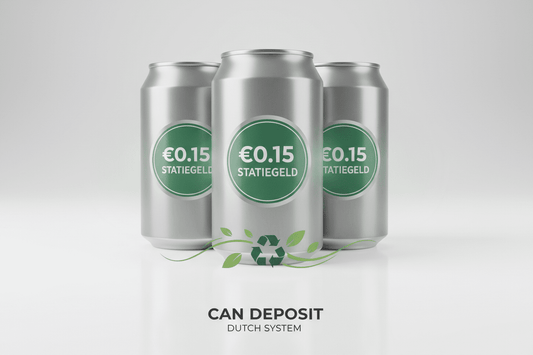 Three silver cans with green labels reading "€0.15 Statiegeld," signifying a Dutch deposit system for beverage containers.