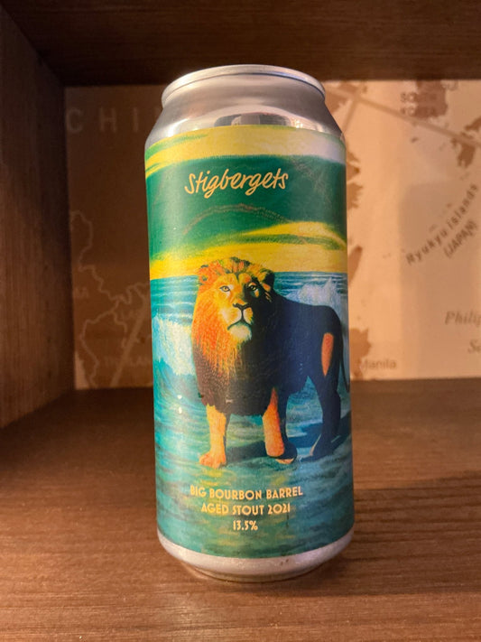 Stigbergets Big Bourbon Barrel Aged Stout can with lion artwork, featuring premium small batch craft beer aged in bourbon.