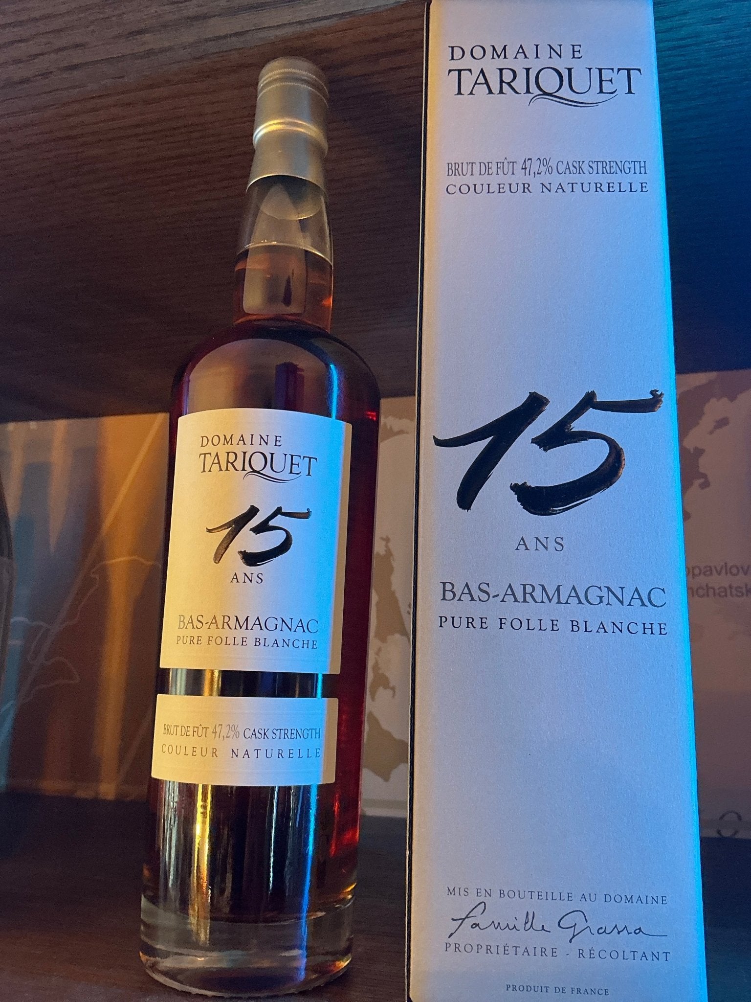 Tariquet Bas Armagnac 15 Ans Folle Blanche premium aged brandy bottle with white box, artisanal distilled specialty spirit.
