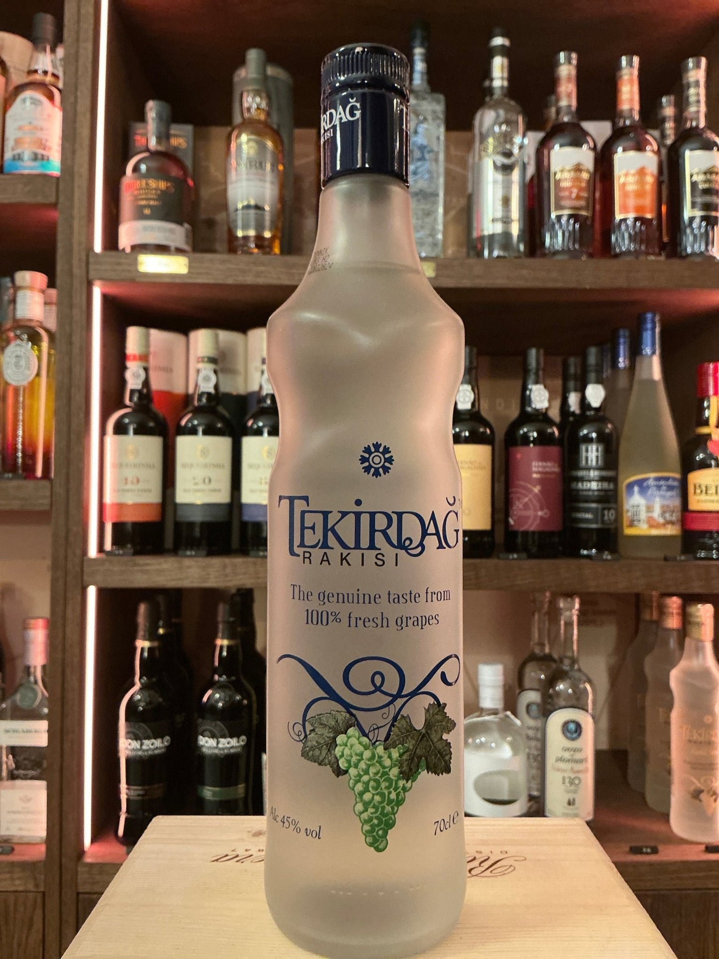 Tekirdağ Turkish Raki Blue frosted bottle with blue cap, premium distilled artisan spirit infused with botanical flavors, on .