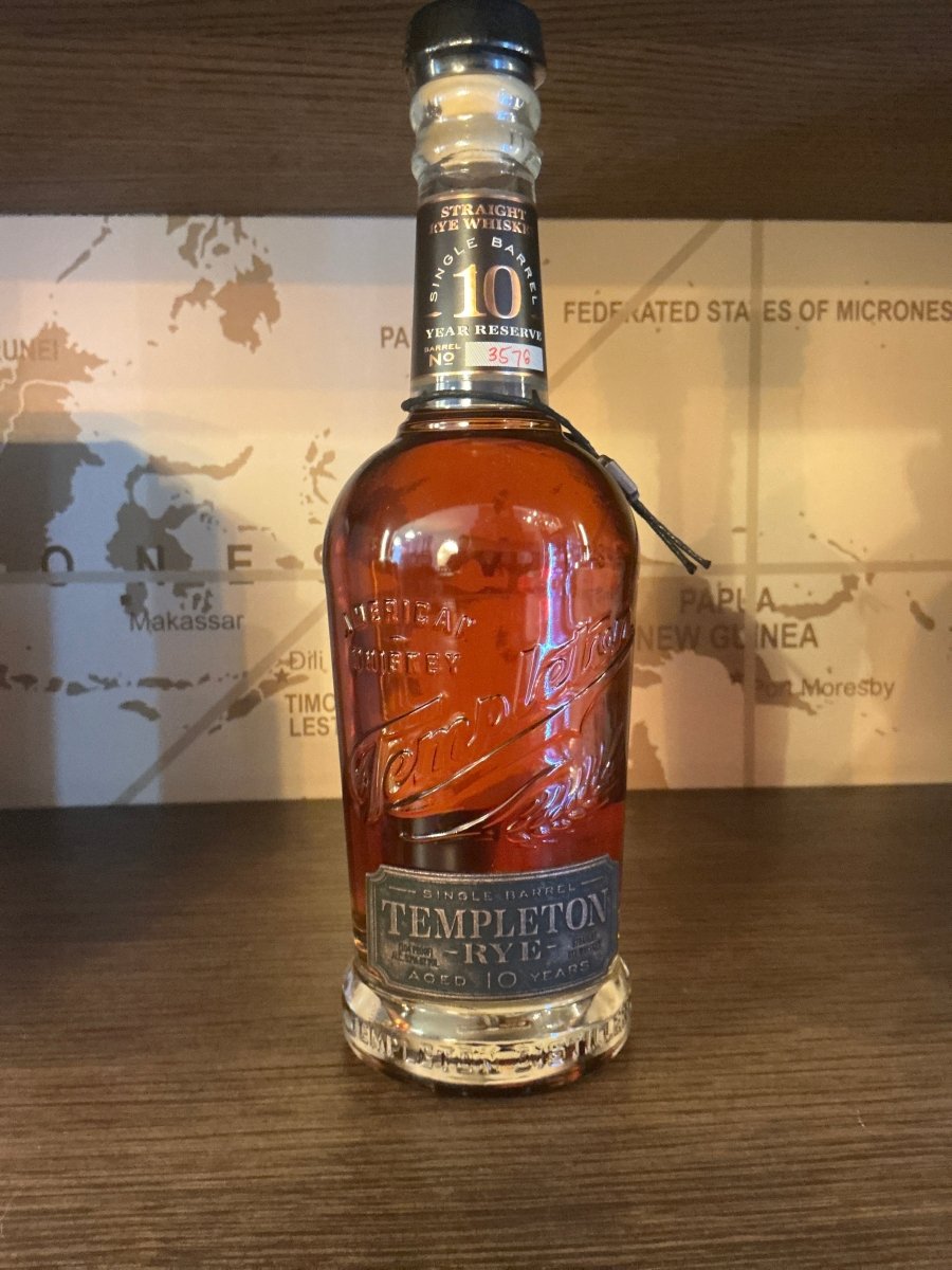 Templeton Single Barrel Rye 10 Year Reserve whiskey bottle, 52% ABV
