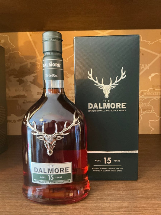 The Dalmore 15 Year Old Single Malt Scotch Whisky bottle, triple sherry cask finish, 40% ABV