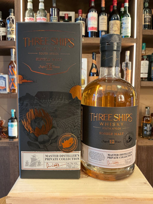 Three Ships 12 Year Single Malt Whisky bottle with amber liquid and black label highlighting aged, artisanal South African.
