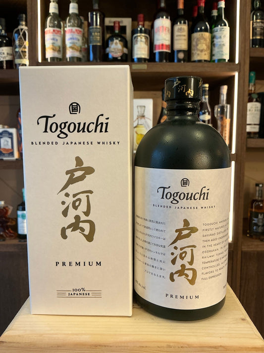 Matte black Togouchi Premium Japanese whisky bottle with beige label featuring Japanese calligraphy and distillation.